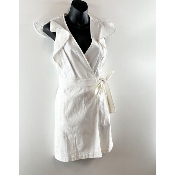 A.L.C Sidelle Linen Blend Wrap Ruffle Sleeve Mini Dress White 4 - Picture 10 of 13